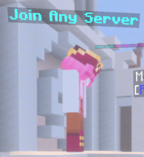 Un personaje no jugable (NPC) dentro de Minecraft con un cartel encima que dice Join any server. Lleva una ropa de pirata y pelo rosa.