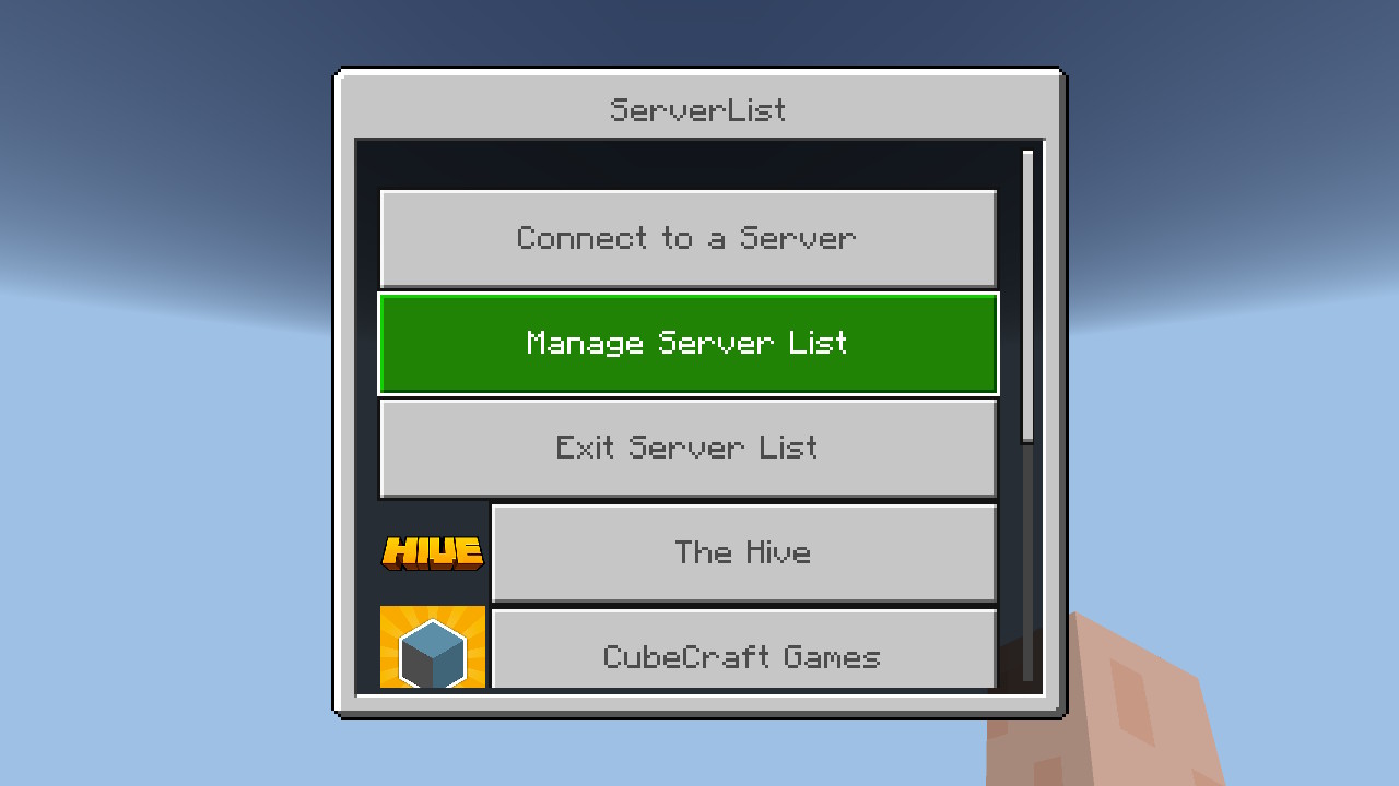 Una interfaz dentro de Minecraft Bedrock con el título Bedrock Connect y varias opciones para gestionar servidores